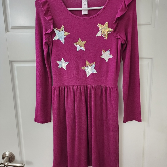 Carter's Girls Burgandy Ruffled Long Sleeve Sequin Star Sweater Dress Size 12 - Picture 5 of 5